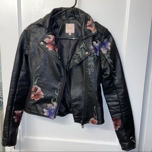 Black Leather Floral Embroidered Jacket